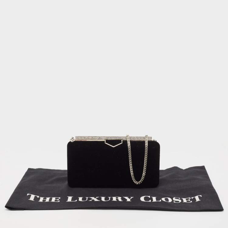 Pre Owned Jimmy Choo Black Velvet Ellipse Crystals Chain Clutch