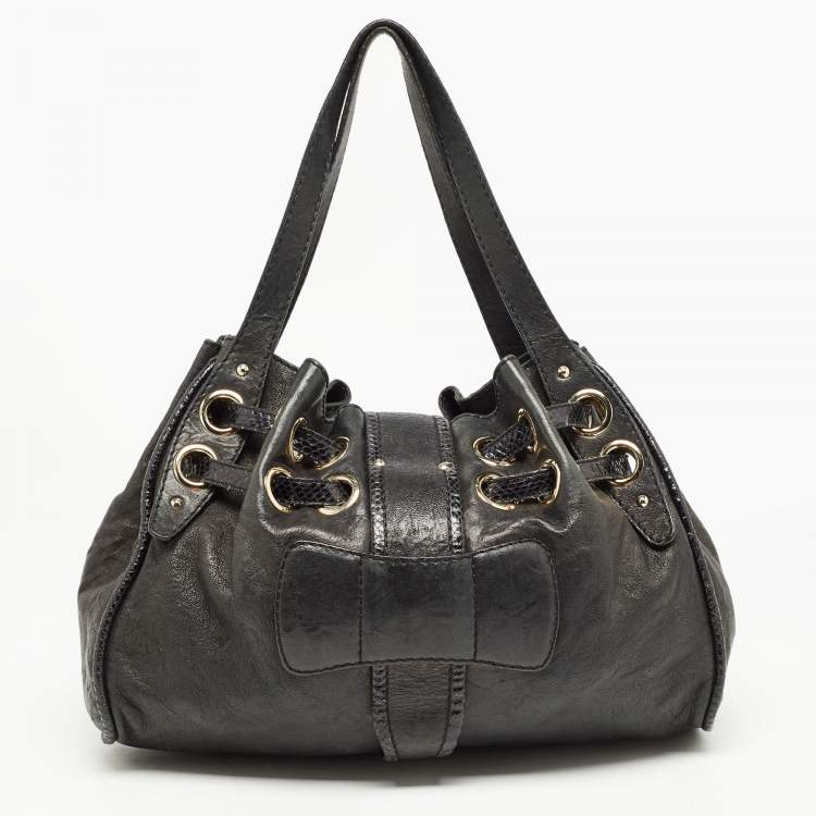 Pre Owned Jimmy Choo Black Leather and Snakeskin Trim Large Riki Bag