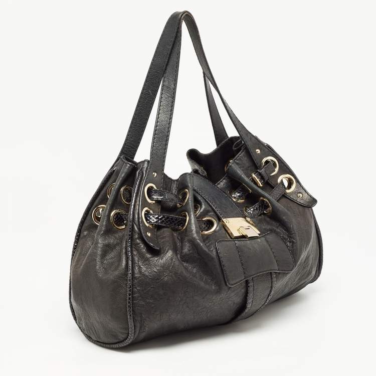 Pre Owned Jimmy Choo Black Leather and Snakeskin Trim Large Riki Bag