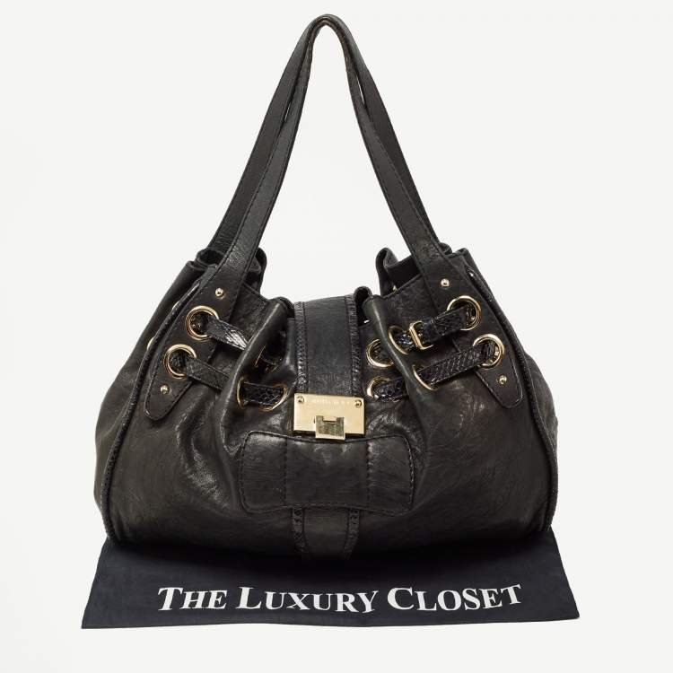 Pre Owned Jimmy Choo Black Leather and Snakeskin Trim Large Riki Bag