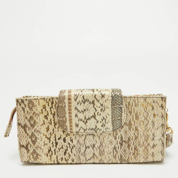 Pre Owned Jimmy Choo Beige Python Embossed Leather Tulita Wristlet Clutch