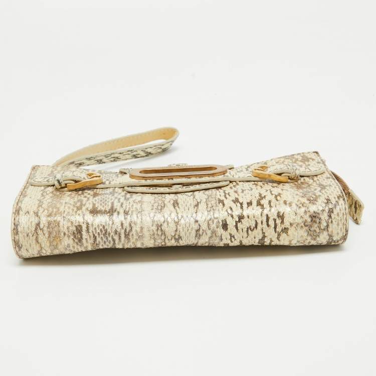 Pre Owned Jimmy Choo Beige Python Embossed Leather Tulita Wristlet Clutch