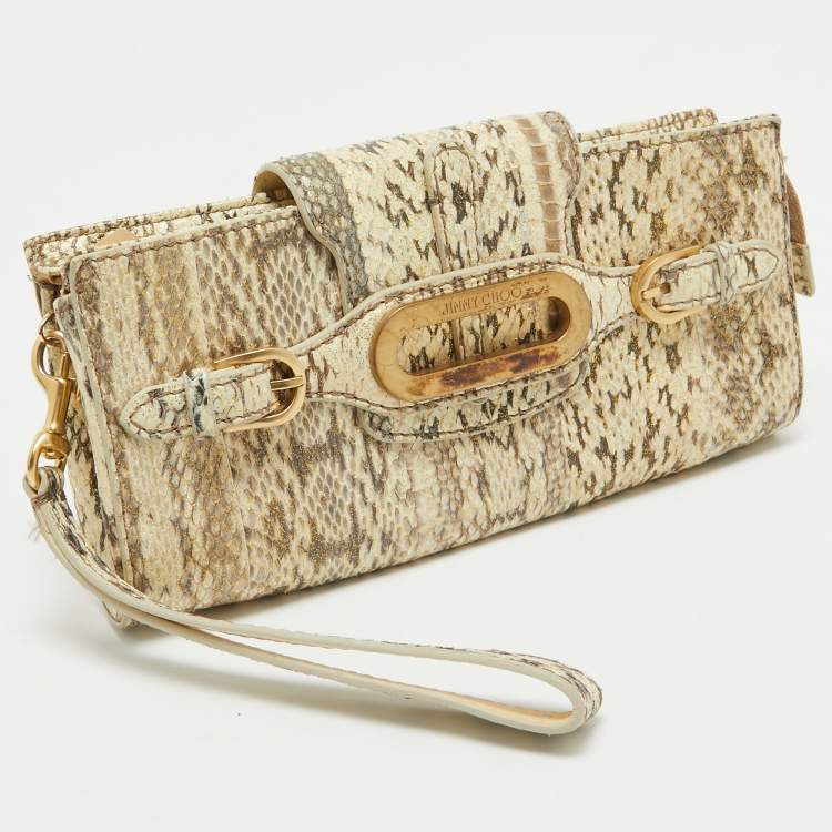 Pre Owned Jimmy Choo Beige Python Embossed Leather Tulita Wristlet Clutch