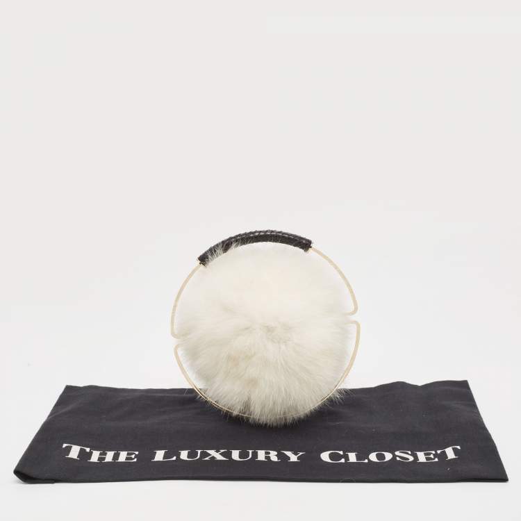 Pre Owned Jimmy Choo White Rabbit Fur and Snakeskin Round Metal Clutch
