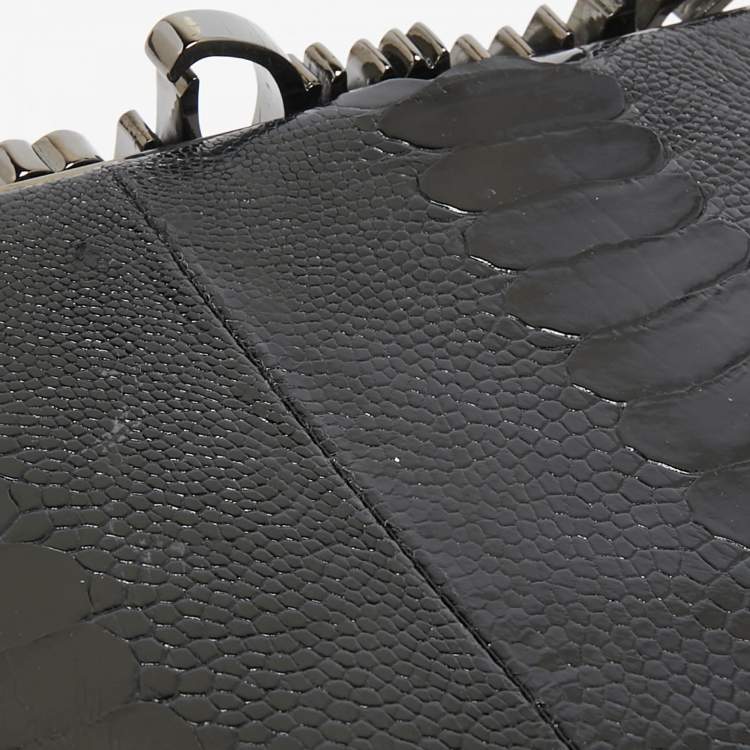 Pre Owned Jimmy Choo Black Ostrich Leg Leather Crystals Logo Frame Clutch