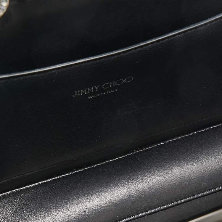 Pre Owned Jimmy Choo Black Ostrich Leg Leather Crystals Logo Frame Clutch
