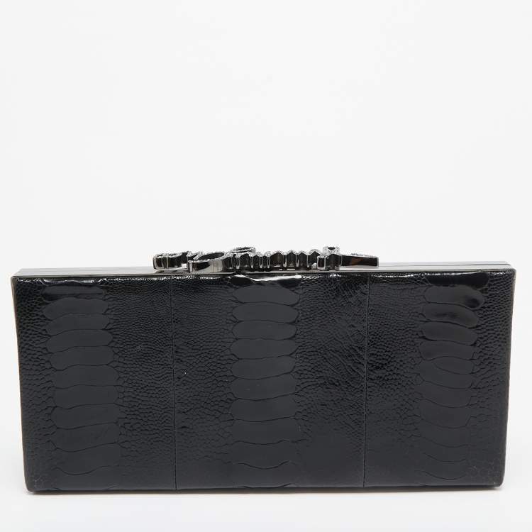 Pre Owned Jimmy Choo Black Ostrich Leg Leather Crystals Logo Frame Clutch