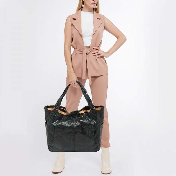 Pre Owned Jimmy Choo Dark Green Python Chain Detail Tote