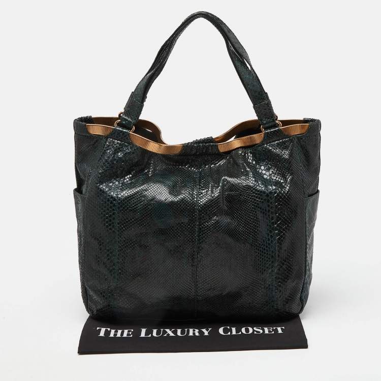 Pre Owned Jimmy Choo Dark Green Python Chain Detail Tote
