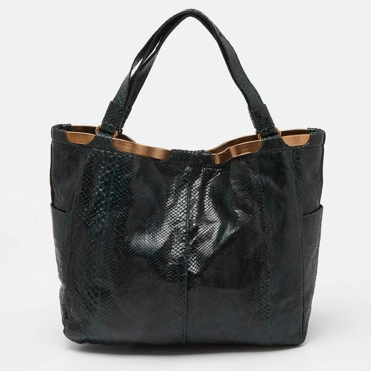 Pre Owned Jimmy Choo Dark Green Python Chain Detail Tote