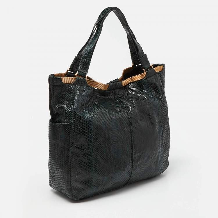 Pre Owned Jimmy Choo Dark Green Python Chain Detail Tote
