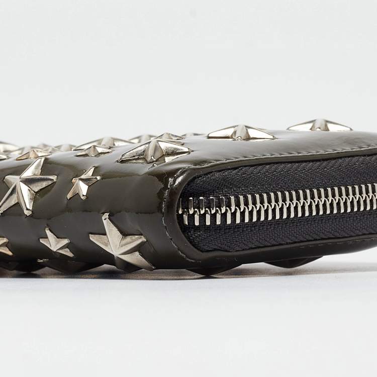 Pre Owned Jimmy Choo Olive Green Patent Leather Star Studded Zip Around Wallet