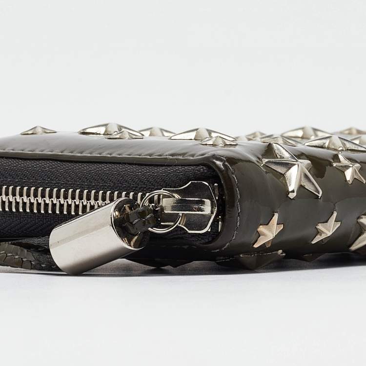Pre Owned Jimmy Choo Olive Green Patent Leather Star Studded Zip Around Wallet