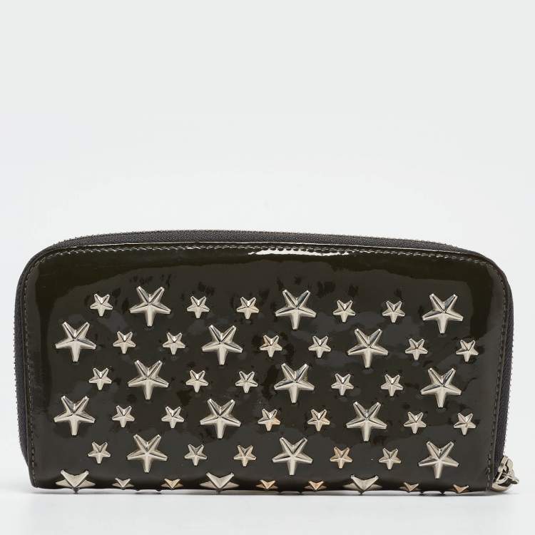 Pre Owned Jimmy Choo Olive Green Patent Leather Star Studded Zip Around Wallet