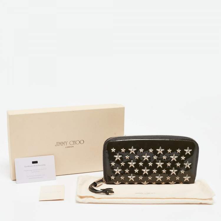 Pre Owned Jimmy Choo Olive Green Patent Leather Star Studded Zip Around Wallet