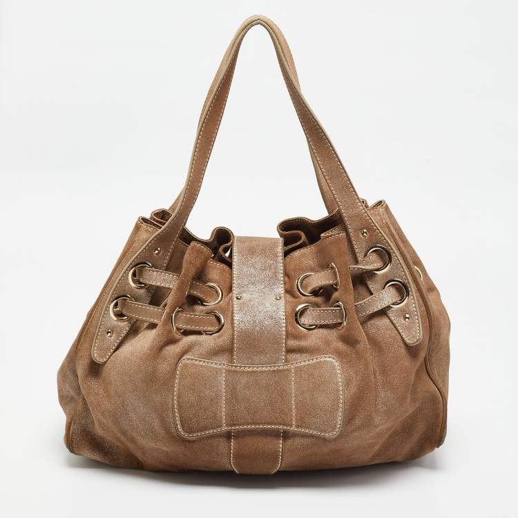 Pre Owned Jimmy Choo Dark Beige/Silver Shimmering Suede Ramona Tote 