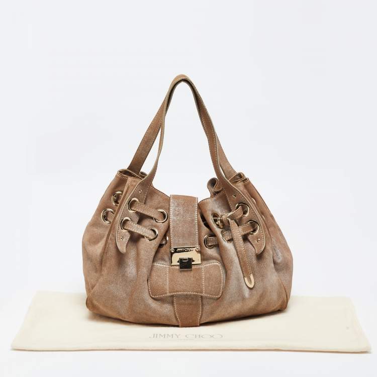 Pre Owned Jimmy Choo Dark Beige/Silver Shimmering Suede Ramona Tote 
