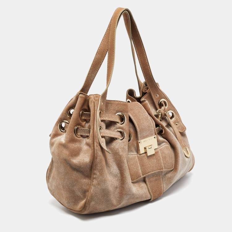 Pre Owned Jimmy Choo Dark Beige/Silver Shimmering Suede Ramona Tote 