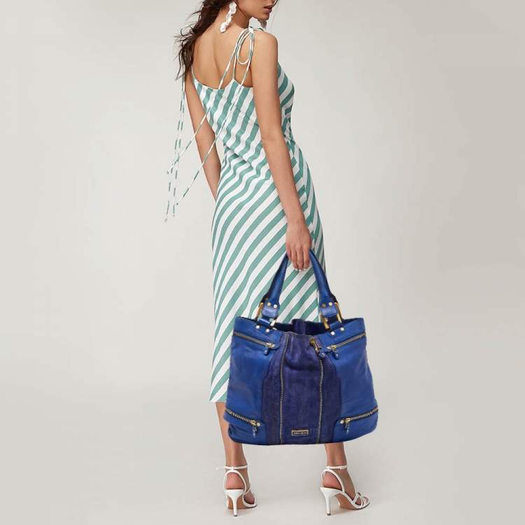 Pre Owned Jimmy Choo Blue Leather and Suede Mandah Expandable Bag