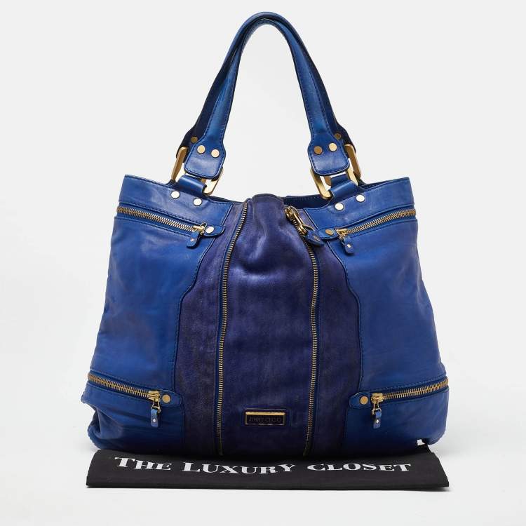 Pre Owned Jimmy Choo Blue Leather and Suede Mandah Expandable Bag