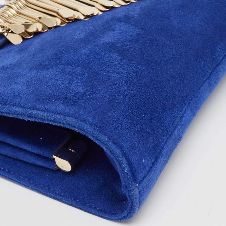 Pre Owned Jimmy Choo Blue Alcantara Fringe Bracelet Venus Chain Clutch 