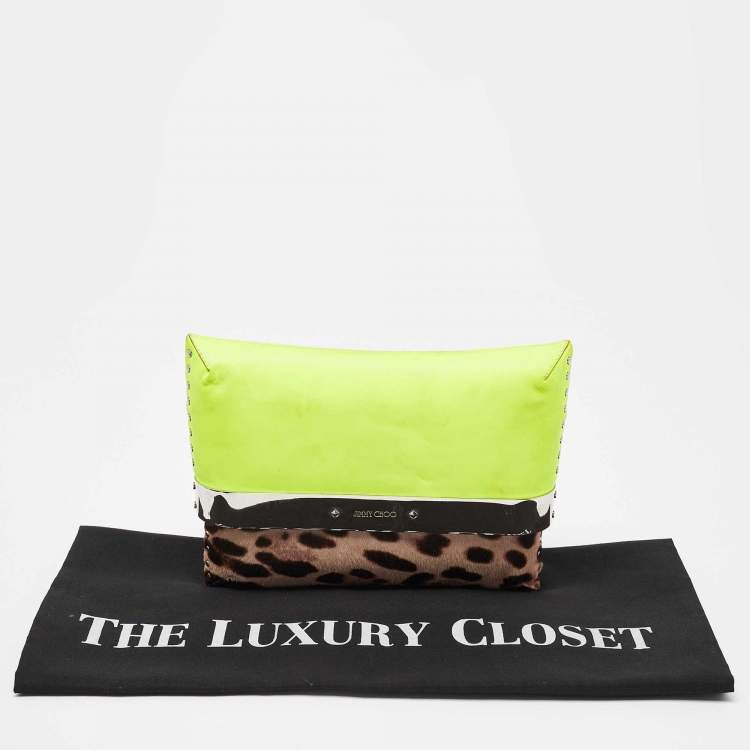 Pre Owned Jimmy Choo Neon/Brown Leopard Print Calfhair and Patent Leather Clutch