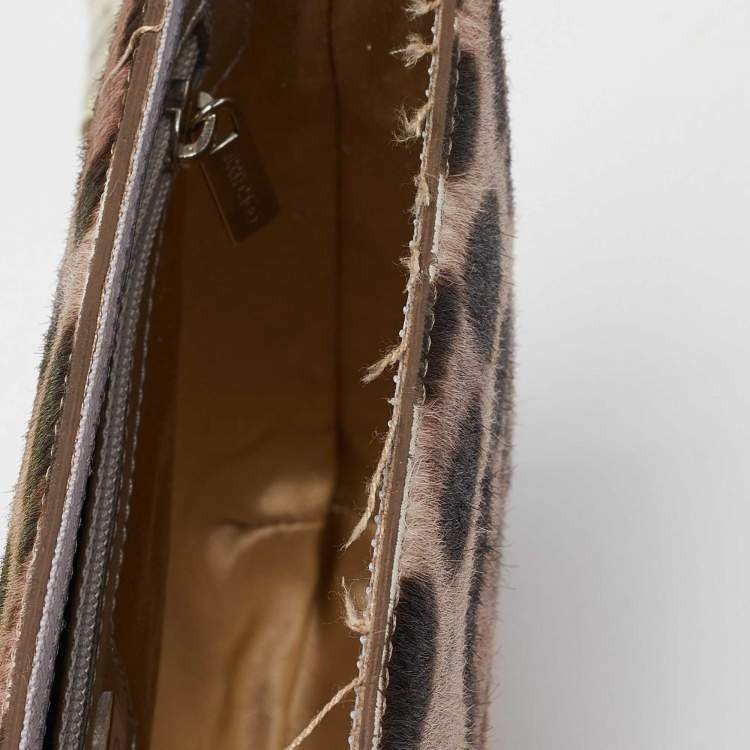 Pre Owned Jimmy Choo Neon/Brown Leopard Print Calfhair and Patent Leather Clutch