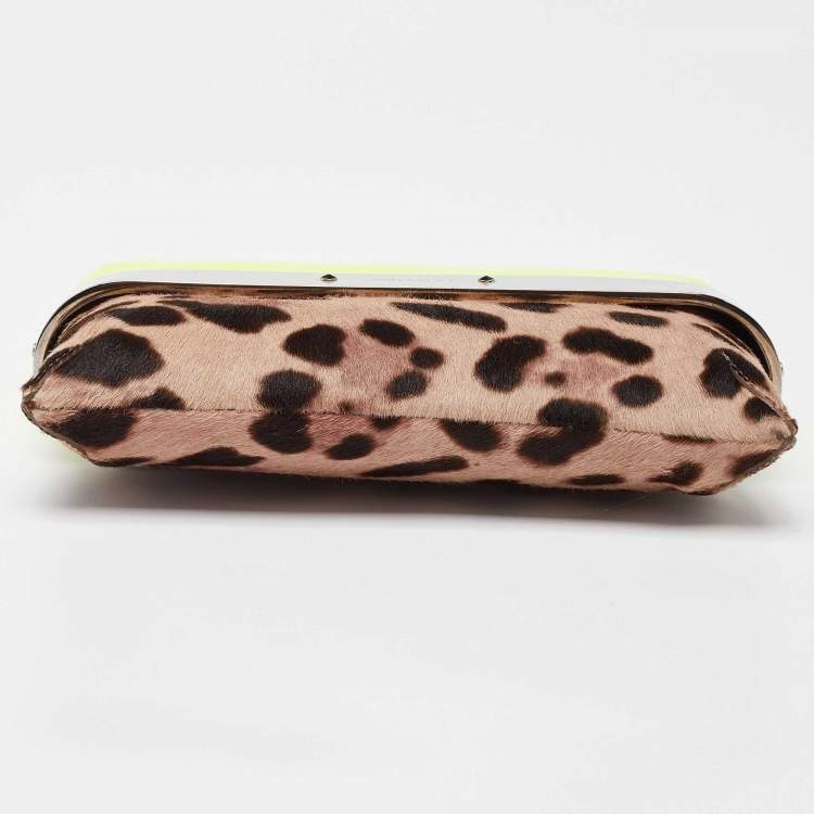 Pre Owned Jimmy Choo Neon/Brown Leopard Print Calfhair and Patent Leather Clutch