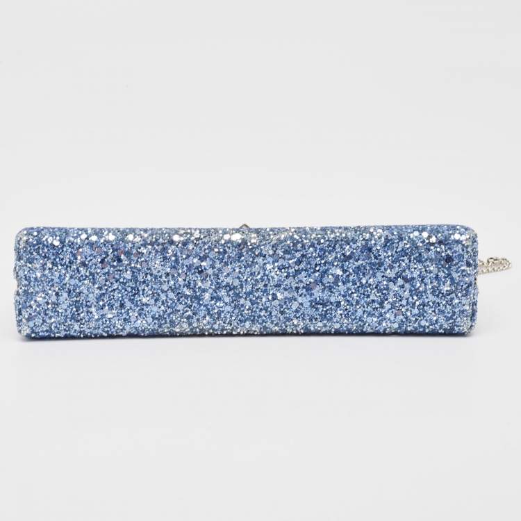 Pre Owned Jimmy Choo Blue Glitter Celeste Chain Clutch