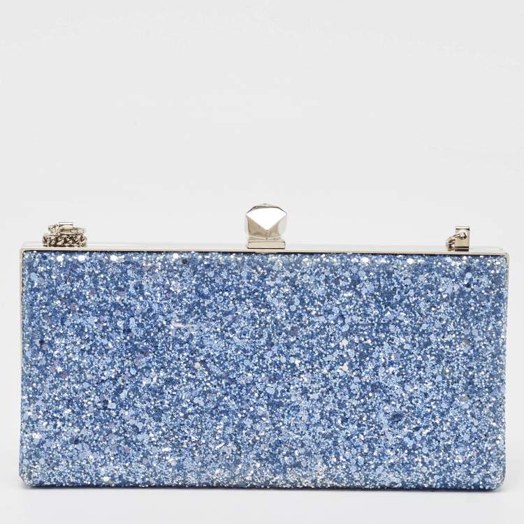 Pre Owned Jimmy Choo Blue Glitter Celeste Chain Clutch