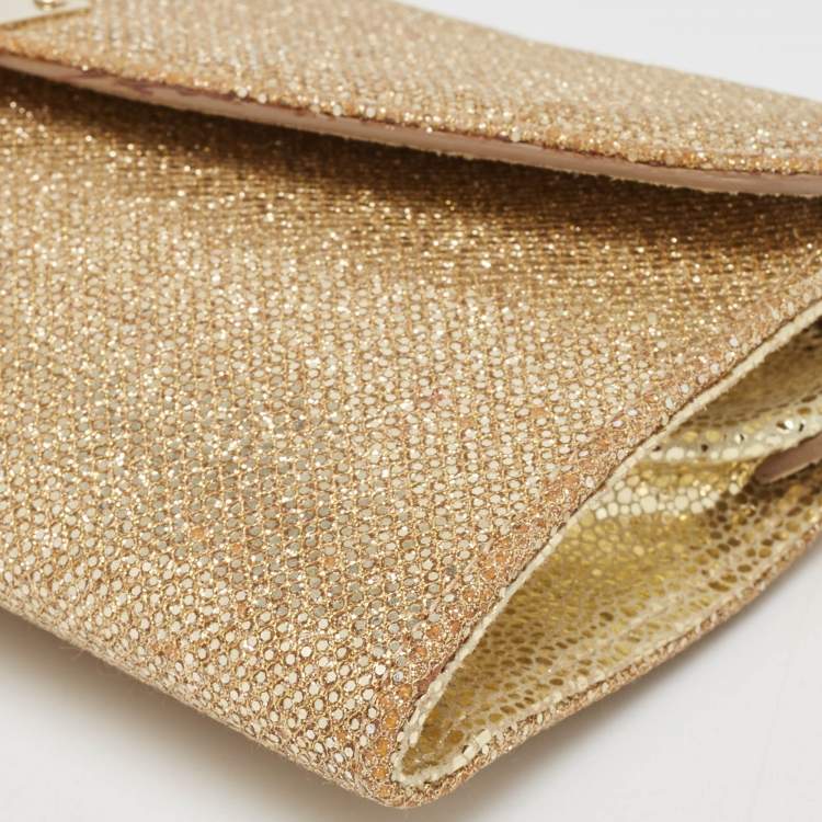 Pre Owned Jimmy Choo Gold Lamé Glitter Riane Chain Clutch 