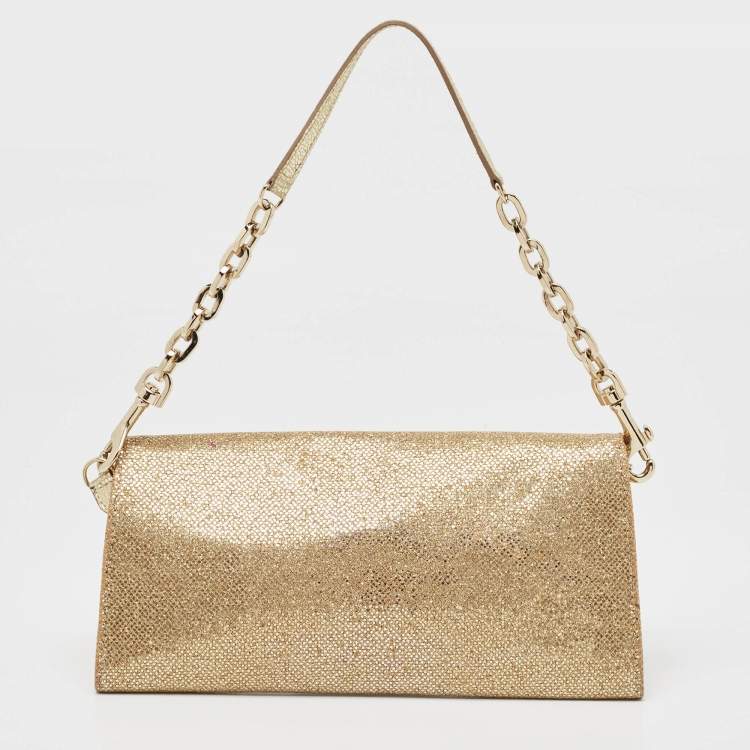 Pre Owned Jimmy Choo Gold Lamé Glitter Riane Chain Clutch 