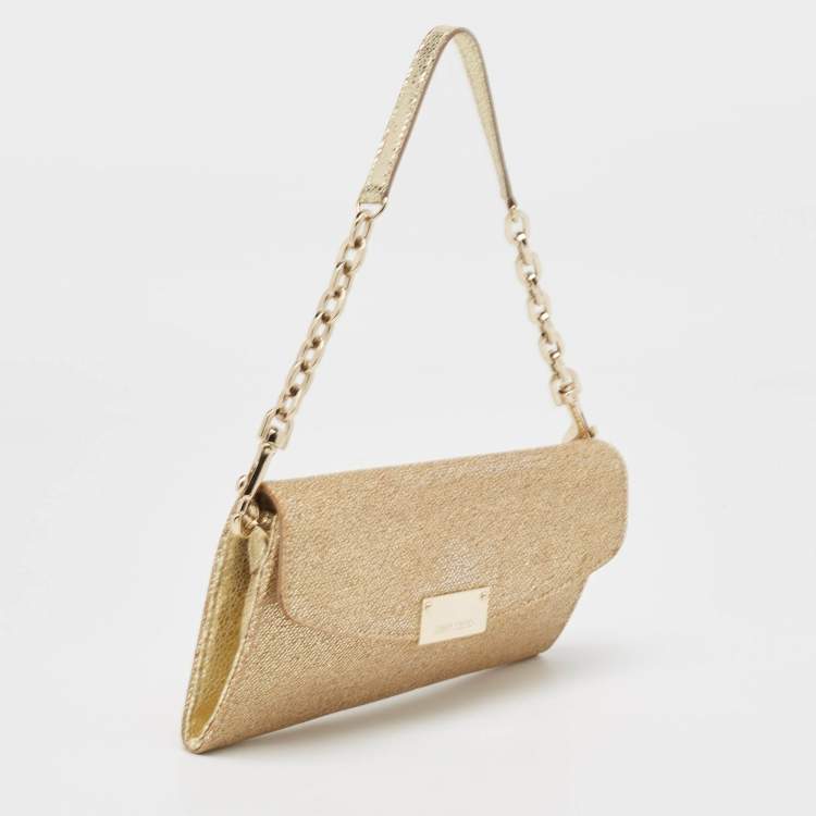 Pre Owned Jimmy Choo Gold Lamé Glitter Riane Chain Clutch 