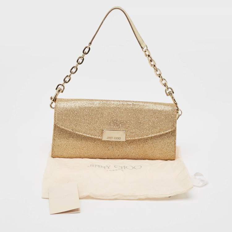 Pre Owned Jimmy Choo Gold Lamé Glitter Riane Chain Clutch 