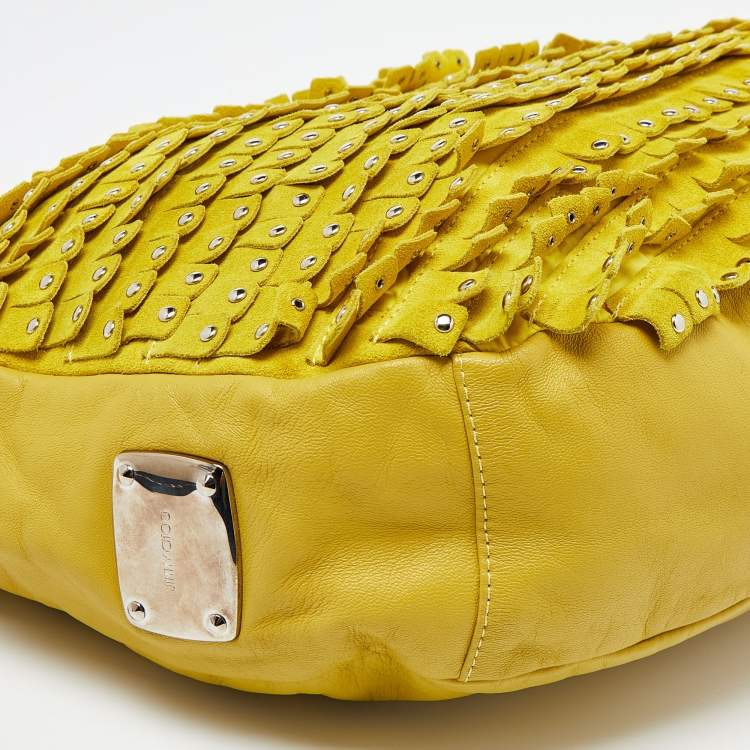 Pre Owned Jimmy Choo Yellow Leather and Suede Fringe Studded Hobo