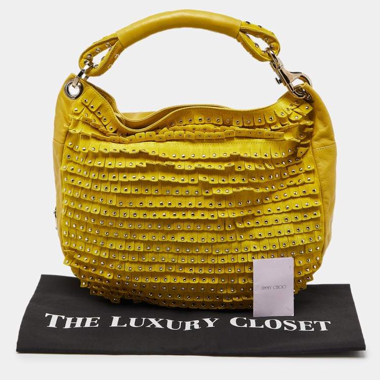 Pre Owned Jimmy Choo Yellow Leather and Suede Fringe Studded Hobo