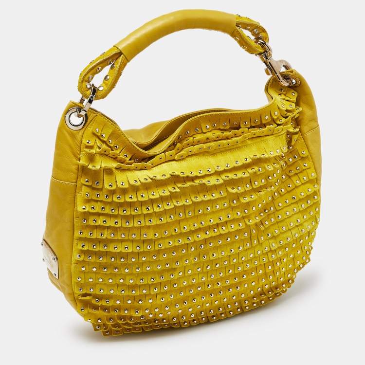 Pre Owned Jimmy Choo Yellow Leather and Suede Fringe Studded Hobo