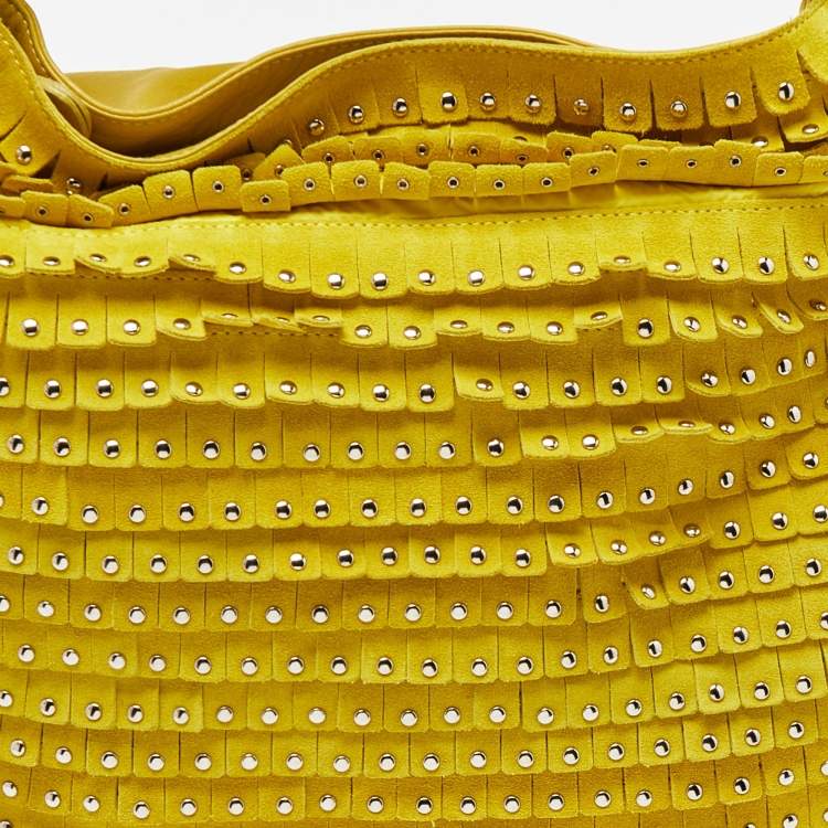Pre Owned Jimmy Choo Yellow Leather and Suede Fringe Studded Hobo