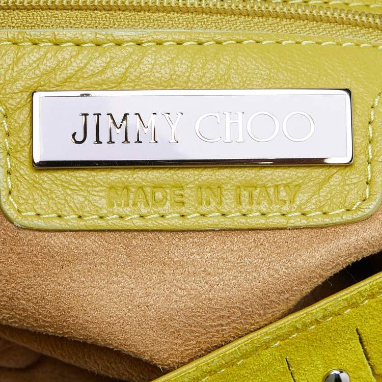 Pre Owned Jimmy Choo Yellow Leather and Suede Fringe Studded Hobo