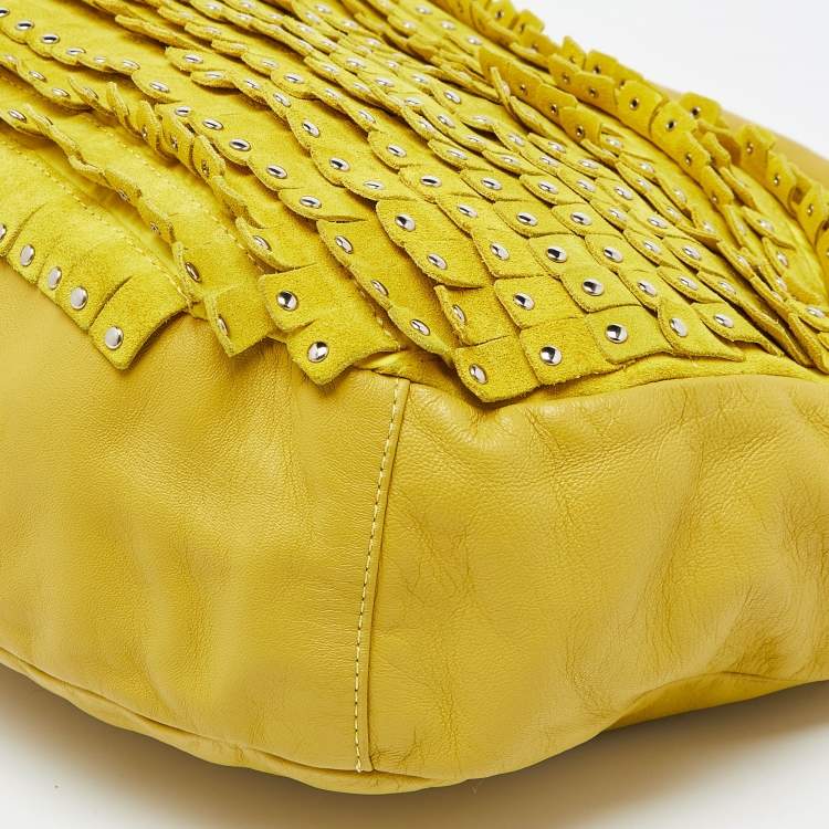 Pre Owned Jimmy Choo Yellow Leather and Suede Fringe Studded Hobo