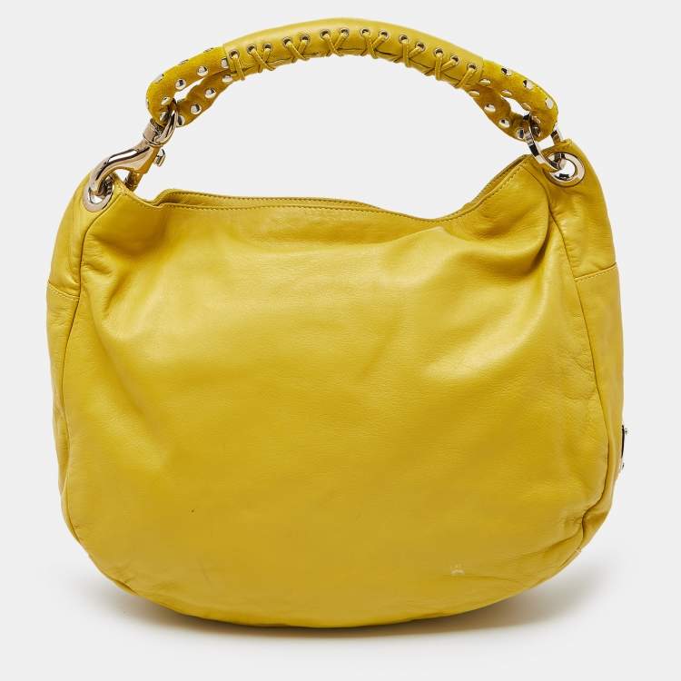 Pre Owned Jimmy Choo Yellow Leather and Suede Fringe Studded Hobo