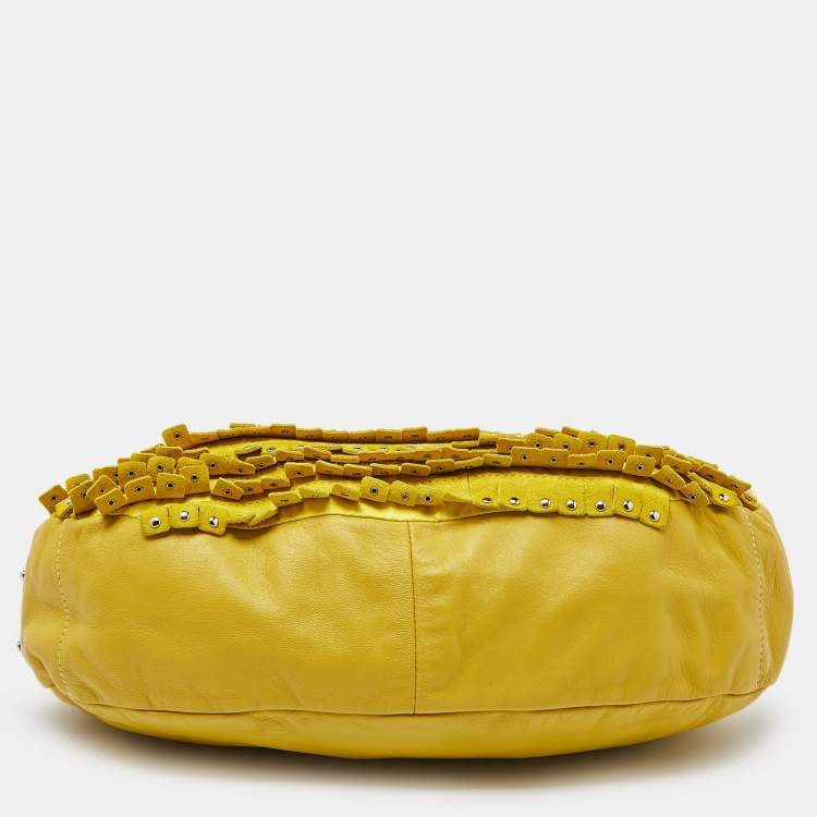 Pre Owned Jimmy Choo Yellow Leather and Suede Fringe Studded Hobo