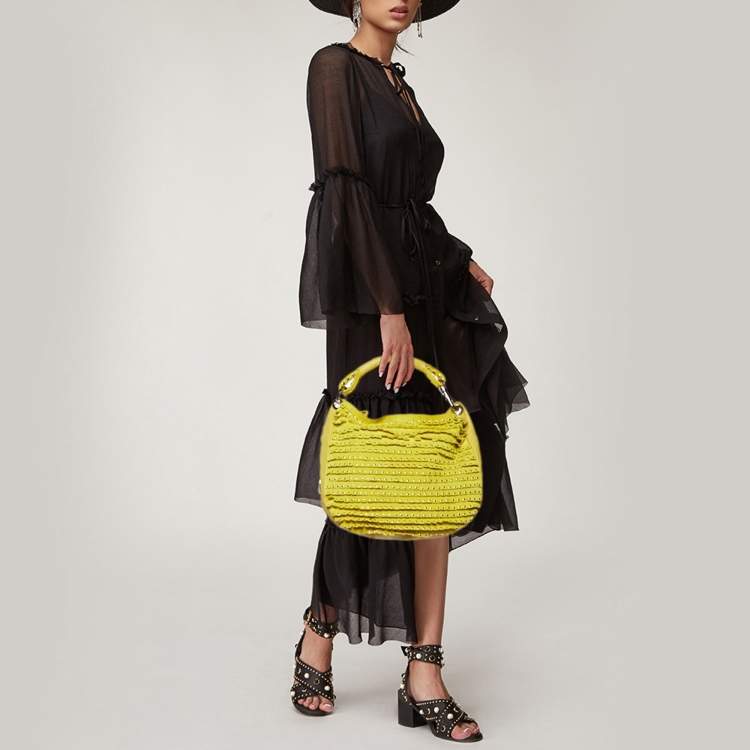Pre Owned Jimmy Choo Yellow Leather and Suede Fringe Studded Hobo