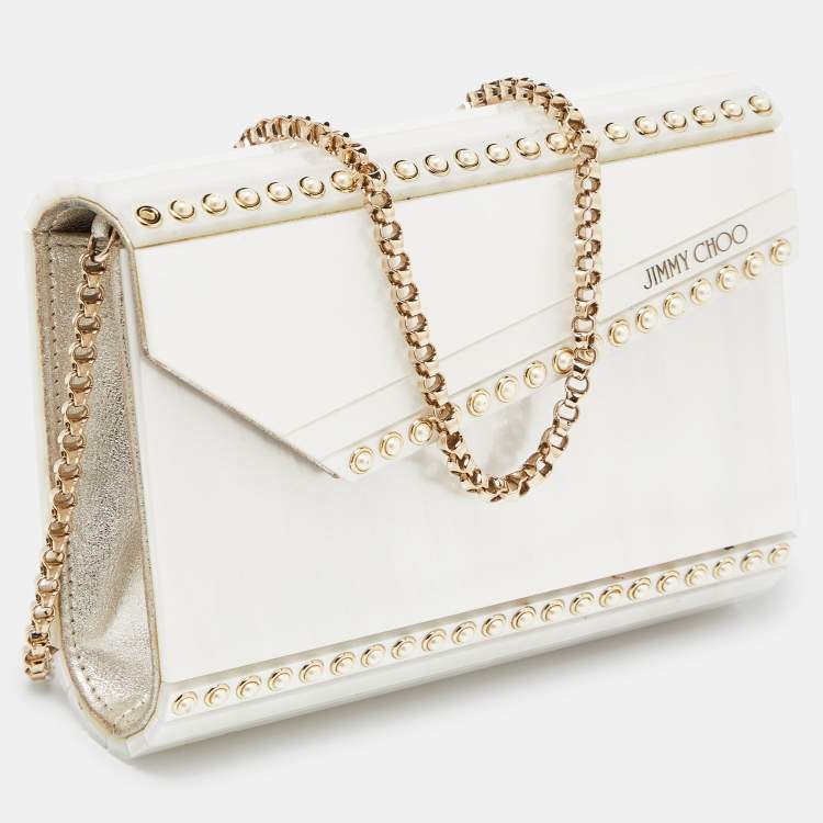 Pre Owned Jimmy Choo Off White Pearl Embellished Acrylic and Leather Candy Chain Clutch