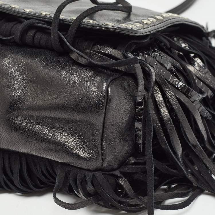 Pre Owned Jimmy Choo Black Snakeskin and Leather Studded Fringe Shoulder Bag
