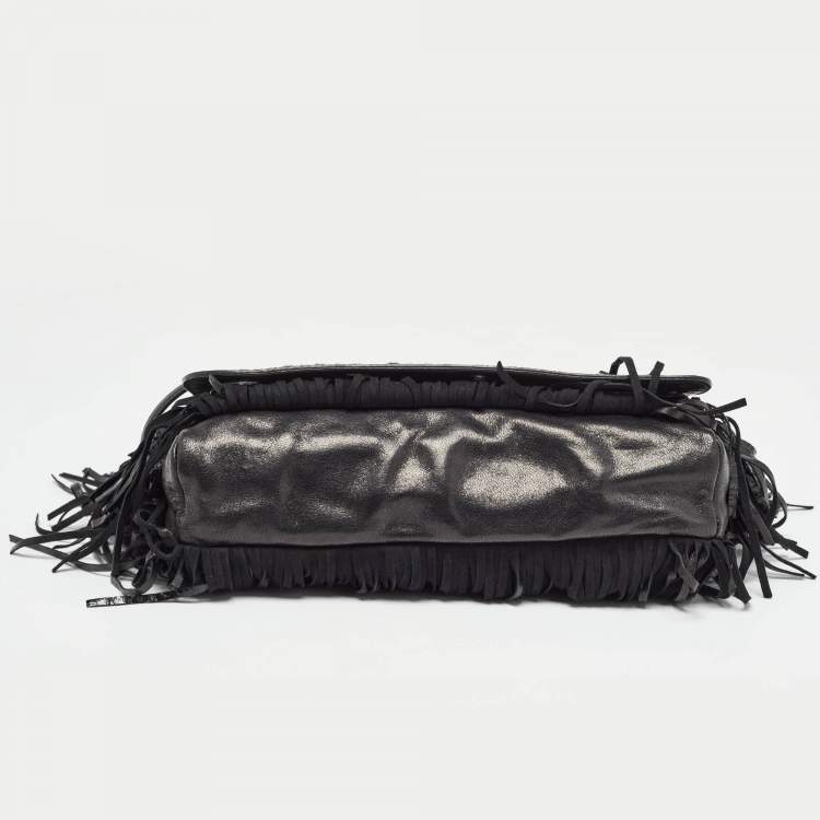 Pre Owned Jimmy Choo Black Snakeskin and Leather Studded Fringe Shoulder Bag