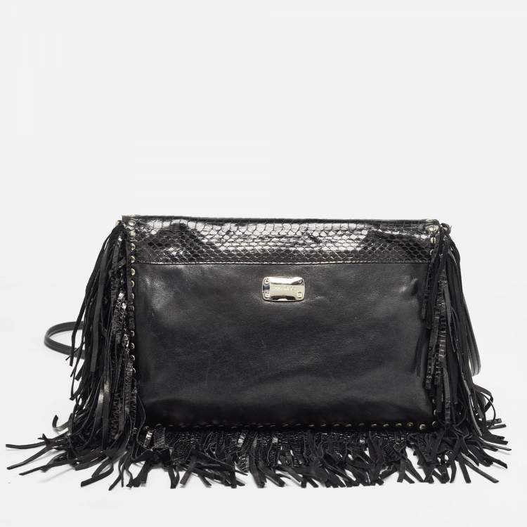 Pre Owned Jimmy Choo Black Snakeskin and Leather Studded Fringe Shoulder Bag