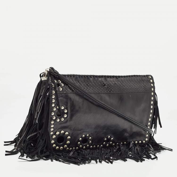 Pre Owned Jimmy Choo Black Snakeskin and Leather Studded Fringe Shoulder Bag