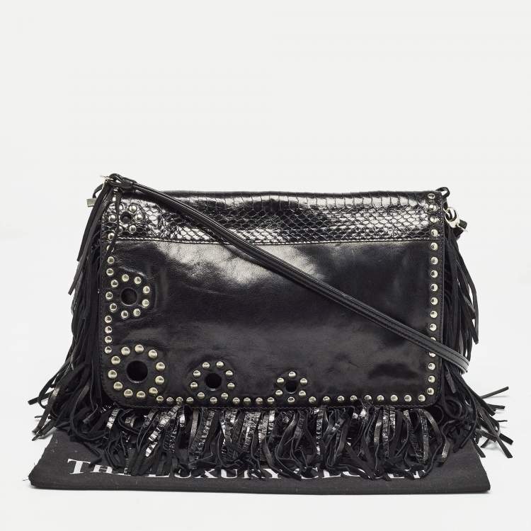 Pre Owned Jimmy Choo Black Snakeskin and Leather Studded Fringe Shoulder Bag
