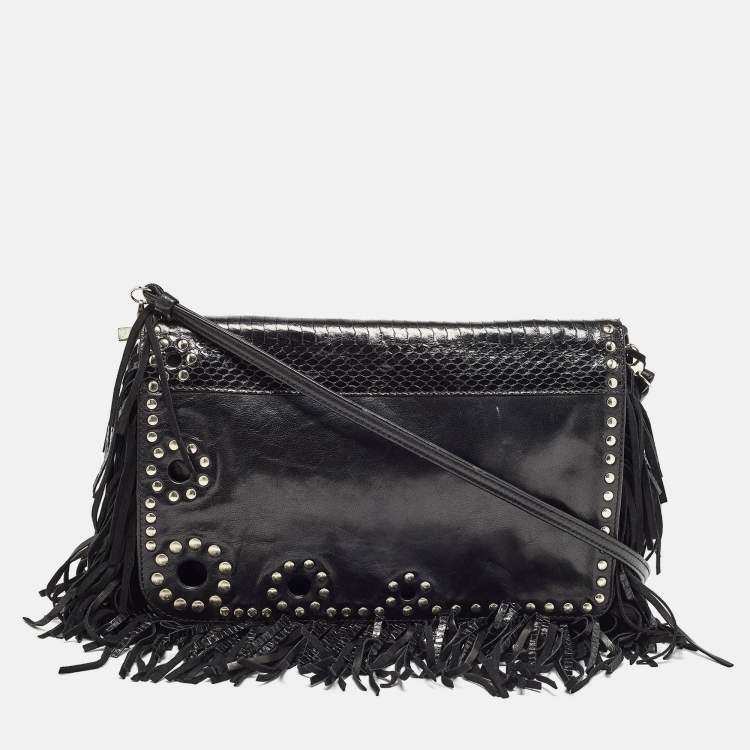 Jimmy Choo Black Snakeskin and Leather Studded Fringe Shoulder Bag Jimmy Choo TLC